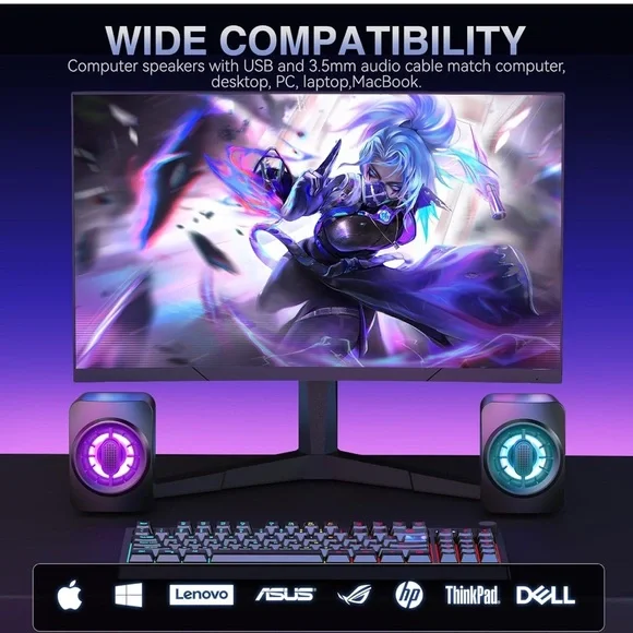 Computer Speakers, RGB PC Speakers, 3.5mm USB Powered Aux Speaker - Picture 4 of 10